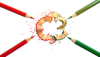 Artistic arrangement showing colored pencils pointing towards the center with wood shavings