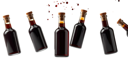 Artistic arrangement of several dark glass bottles, tightly sealed with corks and filled with dark liquid
