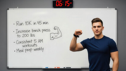 Man in front of whiteboard workout.