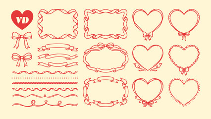 手描き風のハートとリボンのフレーム・罫線セット バレンタインや招待状に使えるベクター装飾