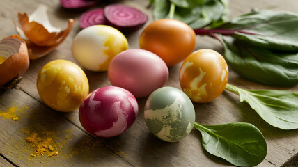 Happy easter sunday eggs dyed naturally with vegetables and herbs