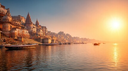 Morning sun rising over ancient ghats and temples on the bank of a sacred river, with traditional boats floating on the water for travel and religious ritual.