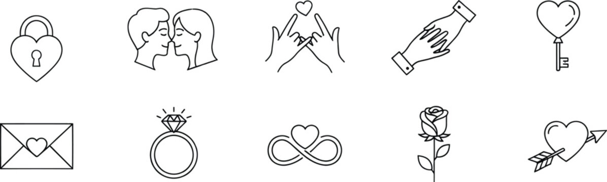 A collection of linear icons illustrating love, romance, and relationship concepts