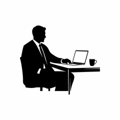 Vector silhouette of a businessman at his desk with a laptop and a drink on a white background