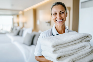 Smiling European hotel housekeeping staff member holding clean folded towels standing in guest room. Friendly professional female housekeeper employee preparing hotel accommodation