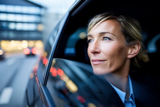 Confident European female business executive riding in luxury chauffeur driven car looking out window. Mature professional woman leader in her late 40s sitting in premium vehicle business travel