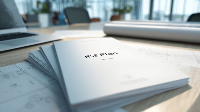 Hse Plan Documents and Architectural Blueprints for Corporate Planning on Business Office Desk