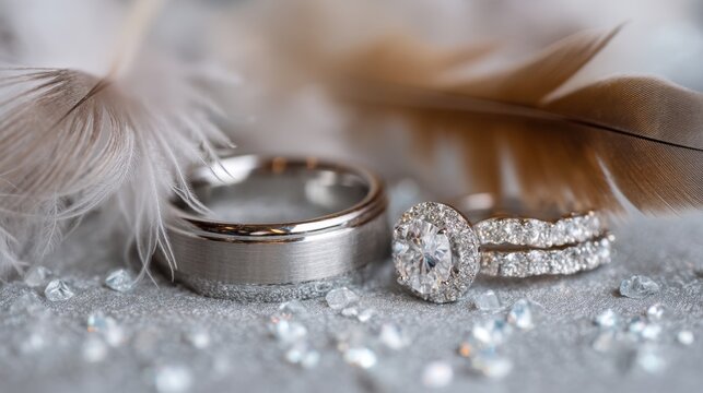 Two diamond wedding rings and an engagement ring with sparkling gems on a decorative surface with feathers, symbolizing marriage and love for a greeting card.