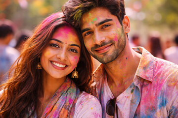 Vibrant holi celebration with smiling couple covered in colorful powder outdoors