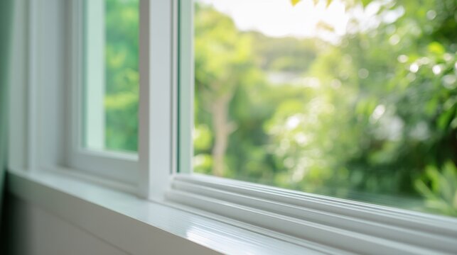 Green bokeh garden background seen through a white window frame. Bright clear day light. Nature and outdoor view from home or office.