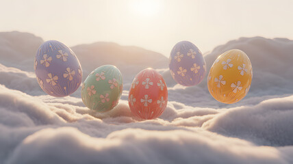 Happy easter sunday morning with colorful easter eggs in clouds