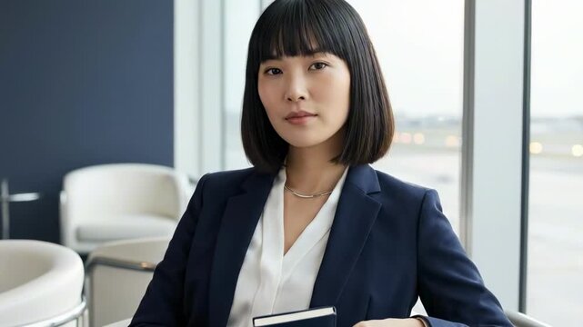 blunt cut bob with bangs - A confident young woman in a business suit holds a passport in an airport lounge, exuding professionalism and readiness for travel
