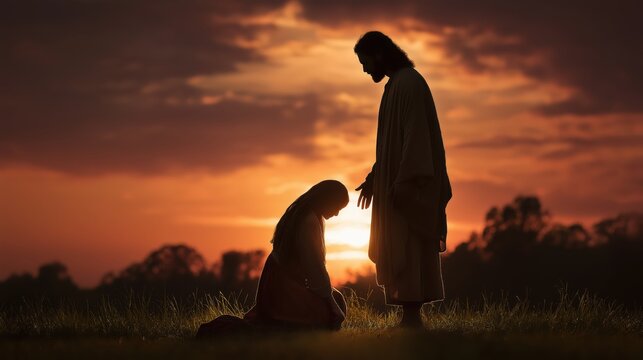 Jesus healing the sick woman who kneels in faith, biblical scene of compassion and divine mercy at sunset.