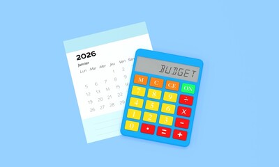 le mot budget &eacute;crit sur une calculatrice color&eacute;e sur une page de calendrier 2026 - rendu 3D