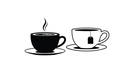 Obraz premium Two steaming cups of tea on saucers a simple black silhouette