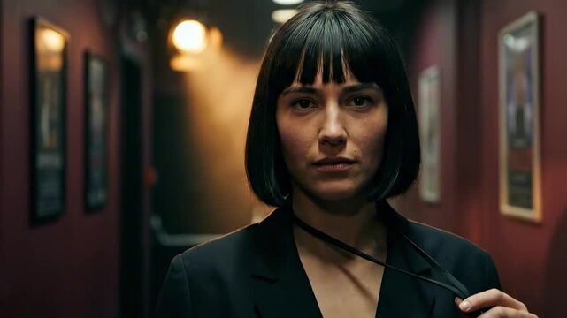 blunt cut bob with bangs - A woman with a bob haircut stands confidently in a dimly lit hallway adorned with posters, exuding a poised and determined presence