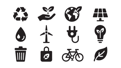Ecology and green energy icon set showing recycling, solar power, wind turbines, and nature symbols for environmental sustainability concepts.