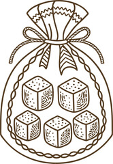 Drawn bag with five sugar cubes tied with a bow, sweetener container illustration