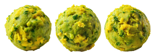 Mashed green plantains mixed with cheese or pork, shaped into balls, isolated on white background. Concept of vegetarian cuisine