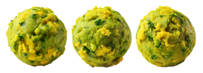 Mashed green plantains mixed with cheese or pork, shaped into balls, isolated on white background. Concept of vegetarian cuisine