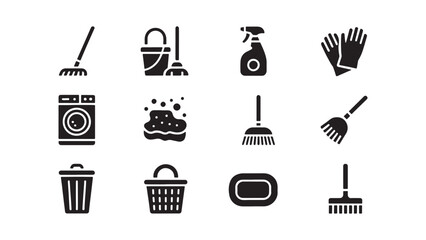 Household cleaning and hygiene icon set including buckets, mops, washing machines, and detergents for domestic housekeeping and sanitary service graphics.