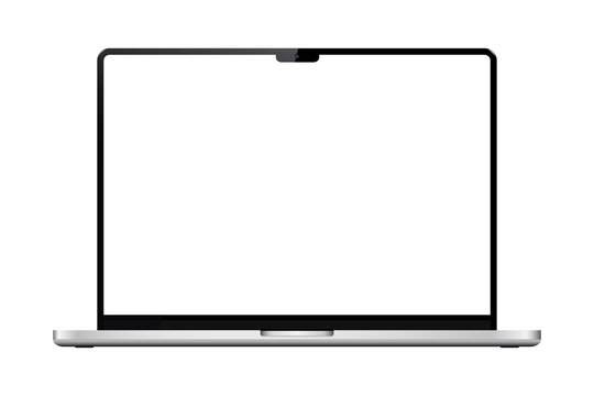 Realistic silver laptop computer mockup displaying blank white screen for design presentation, professional modern minimalist style isolated on transparent background