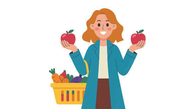 A cartoon illustration of a woman in a teal blue coat and brown skirt holding two red apples - one in each hand (2)_traced