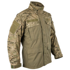 Military-inspired camouflage jacket showcased against a clean white background highlighting its functional design and details
