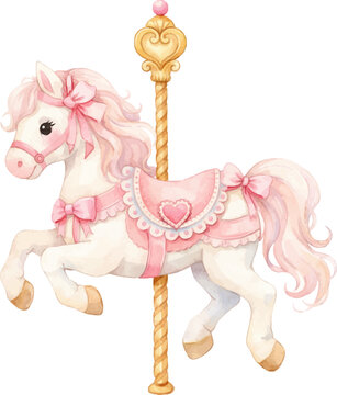 Pink carousel horse with ornate saddle, golden pole and pastel decorations for children's amusement rides