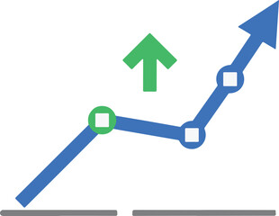 A blue ascending line graph with data points and a green upward arrow, symbolizing market growth, financial progress, and positive statistical trends in a clean vector style.