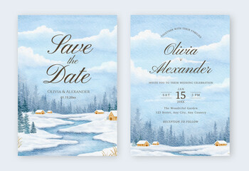 Wedding invitation set with watercolor winter landscape. Set of wedding invitation template with watercolor landscape.