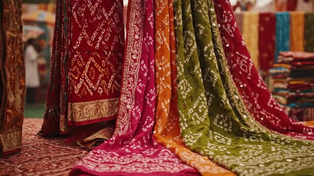 Vibrant Indian Textiles Umbrella Sari Market Stall Traditional Craft