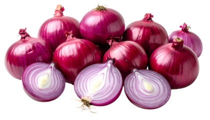A close-up shot of several fresh, vibrant red onions, some whole, some halved to reveal the internal layers