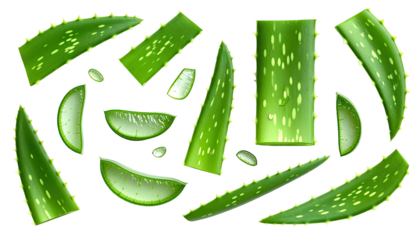 Artistic depiction of various aloe vera slices and leaves, showcasing their fleshy texture