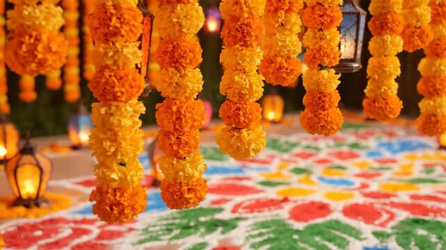 Marigold Garlands Lanterns and Vibrant Rangoli Decoration