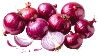 A close-up studio shot showcasing a collection of vibrant red onions. Some are whole, others sliced open for detail