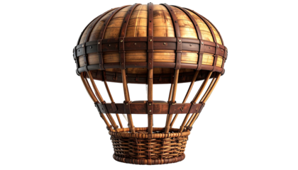 Artistic rendering of a vintage hot air balloon, constructed of wood and wicker