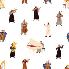 Repeatable pattern of symphony orchestra. Endless background of musicians playing musical instruments. Symphonic concert, performance in philharmonic theater. Flat seamless vector illustration.