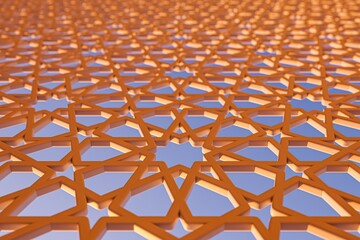 A detailed view of a white geometric design against a blue sky, showcasing intricate patterns and the effect of sunlight shining through.