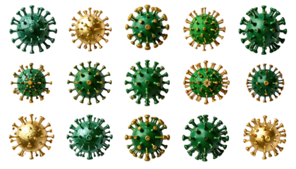 Artistic rendering of multiple green and gold sphere-shaped viruses, black background
