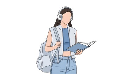 A focused young woman wearing headphones and a backpack stands reading an open book, symbolizing independent study and modern learning. on transparent background