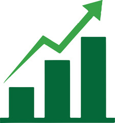 A green bar chart showing upward growth, featuring three rising bars and an ascending arrow. This vector represents financial success, positive trends, and business progress.