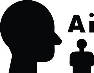 Black Silhouette Human Head with AI Copilot Assistant Vector Icon