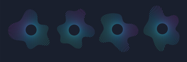 Music sound waves forming a circular equalizer. Radial spectrum visualization representing audio energy, rhythm, and digital sound design. Neon colors on black