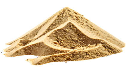A close-up view presents a sandy mound with irregular levels. The textured pile appears granular, showcasing its earthy tones and rough surface