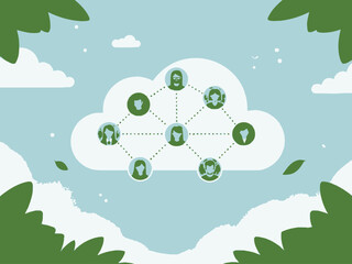 Cloud computing and network connection with people icons and green leaves
