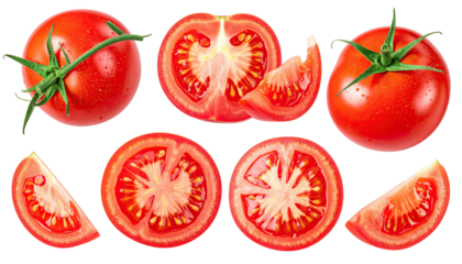 Assorted fresh ripe tomatoes and slices, isolated on black background for culinary use