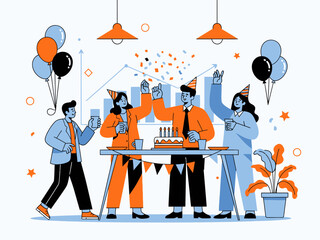 Group of people celebrating a birthday party with balloons and cake