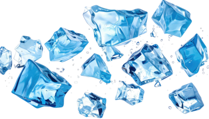 A collection of translucent, azure-toned ice cubes scattered, with light glinting off their multifaceted surfaces against a dark backdrop