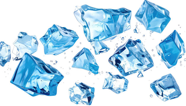 A collection of translucent, azure-toned ice cubes scattered, with light glinting off their multifaceted surfaces against a dark backdrop